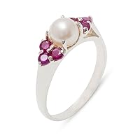 925 Sterling Silver Cultured Pearl & Ruby Womens Cluster Anniversary Ring