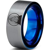 Howl At The Moon Wolf Wild Soul Ring - Tungsten Band 8mm - Men - Women - 18k Rose Gold Step Bevel Edge - Yellow - Grey - Blue - Black - Brushed - Polished - Wedding - Gift Dome Flat Cut