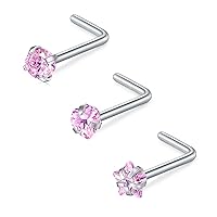 D.Bella 16G 18G 20G 22G L Shaped Nose Studs Surgical Steel 1.5mm 2mm 2.5mm 3mm Clear Colorful Diamond CZ Nose Rings Studs Nose Rings for Women Nose Nostril Piercing Jewerly Silver Gold Rose Gold Black