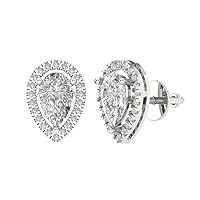 2.42ct Pear Round Cut Halo Solitaire Genuine White Created Sapphire Unisex Solitaire Stud Screw Back Earrings 14kWhite Gold