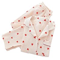 Notched Collar Cotton Heart Print Long Sleeve Sleepwear Set with Long Pants for Women PJS
