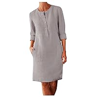 Fall Dresses for Women 2023 Long Sleeve Crew Neck Button Shirt Dress Casual Knee Length Loose Boho Dress