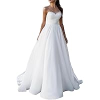 Women's 2024 Pearl Embellished Illusion Neck Bridal Gown Ruched Open Back with Train Wedding Dres