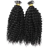 Long Kinky Curly Pre Bonded Fusion I Tip Human Hair Extension Mongolian Human Hair I Tip Hair Extensions 100g/100 strands (22inch 100Strands, 1 (Jet Black))