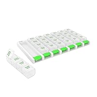 Weekly (7 Day) 4 Times a Day Push Button Pill Organizer and Vitamin Planner, Removable Daily Pillboxes, Green, Convenient and Easy to Use, Clear Lids, Large, BPA Free