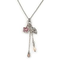 Avalaya Vintage Inspired Pink Flower, Leaf, Freshwater Pearl Charms Necklace in Antique Silver Metal - 38cm Length/ 8cm Extension