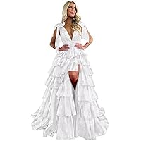 Women's Spaghetti Strap Tiered Prom Dresses Long Ball Gown Dress Ruched Formal Evening Party Gowns with Slit
