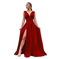 Women's V Neck Prom Dresses Long Stain Evening Ball Gowns with Slit