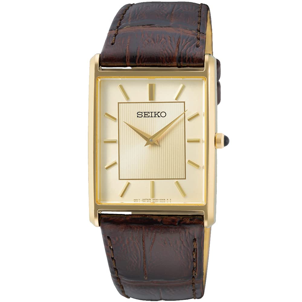 Seiko SWR064 Men's Wristwatch, Square Design, Quartz, Champagne Gold Dial x Brown Leather Band