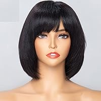 Short Bob Human Hair Wigs With Bang Brazilian Remy Scalp Top Full Machine Bob Cut Pixie Wigs For Black Women (10inch, 150% Density)