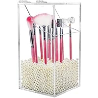 Acrylic Brush Holder,Dustproof Makeup Brush Organizer with Lid, Covered Cosmetic Brush Holder with White Pearls,Clear -NEWCREA