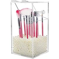 Acrylic Brush Holder,Dustproof Makeup Brush Organizer with Lid, Covered Cosmetic Brush Holder with White Pearls,Clear -NEWCREA Acrylic Brush Holder,Dustproof Makeup Brush Organizer with Lid, Covered Cosmetic Brush Holder with White Pearls,Clear -NEWCREA