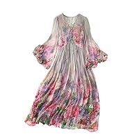 Mulberry Silk Floral Print High Waist Romantic Midi Dress 2678