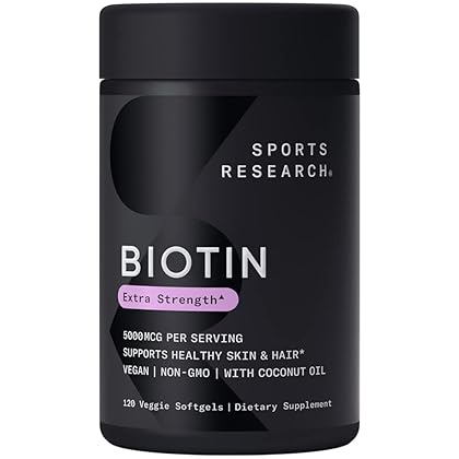 Sports Research Vegan Biotin 5000mcg with Organic Coconut Oil - Extra Strength Biotin Vitamin B7 for Healthier Hair & Skin + Keratin Support - Non-GMO & Gluten Free, 120 Softgels (4 Month Supply)