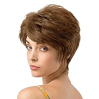 QUEENTAS Pixie Layered Short Chestnut Brown Wig Natural Curl Synthetic Hair Wigs for Women (Olive Brown)