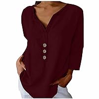 3/4 Sleeve Cotton Tunic Tops Women Button V Neck Henley Shirts Summer Casual Loose Fit Dressy Casual Blouses 2024