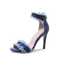 Women Denim Stiletto Sandals High Heels 10CM Open Toe Ankle Strap Party Dress Shoes