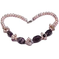 JYX Pearl Necklace for Women Natural 8-9mm Pink Round Freshwater Pearl Necklace with Amethyst and Crystal 20