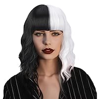 Short Half Black White Wig with Bangs Synthetic Wavy Wigs for Women 14 Inch Short Bob Curly Wigs Halloween Cosplay Costume Party Wig