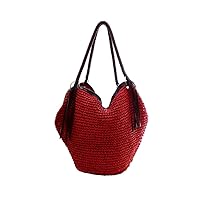 Soft Large Straw Shoulder Bag with Brown Charm Leather Tassels, Boho Leather Handle Tote Retro Summer Beach Bag Rattan Handbag