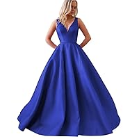 Women's Sleeveless V Neck Satin Prom Dresses Long A-line Formal Wedding Evening Gowns with Pockets 2024