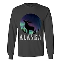 Alaska Frontier Northern Lights Vintage Retro Mountains Moose Long Sleeve Men's