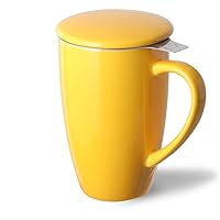 Porcelain Tea Mug with Infuser and Lid,Teaware with Filter, Loose Leaf Tea Cup Steeper Maker, 16 Fl Oz for Tea/Coffee/Milk/Women/Office/Home/Gift (Yellow)