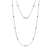 11 Station Blue Topaz & Natural Diamond Cable Necklace 0.85 ctw 14K White Gold. Included 18 Inches Gold Chain.