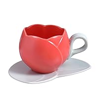Koythin Ceramic Coffee Mug with Saucer Set, Creative Tulip Cup Unique Irregular Design for Office and Home, Dishwasher and Microwave Safe, Cute Cup for Latte Tea Milk (9.5oz, Red)