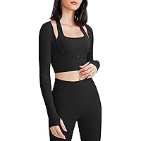 Flygo Yoga Shirts with Built in Bra Cutout Padded Crop Tops Long Sleeve Gym T Shirt for Women Workout