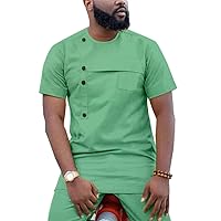 Men`s 2 Piece Fashion Suit African Men Clothing Set Short Sleeve Dashiki Shirt Coat+Ankara Pants