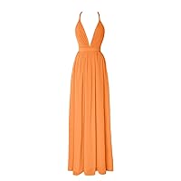 Plunging Neck Chiffon Pleated Bridesmaid Dress Long Open Back Prom Party Gowns for Women