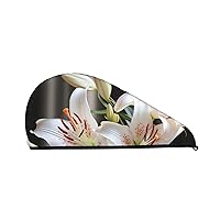 Beautiful-Lilies Print Dry Hair Cap for Women Coral Velvet Hair Towel Wrap Absorbent Hair Drying Towel with Button Quick Dry Hair Turban for Travel Shower Gym Salons