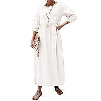 Womens Cotton Linen Midi Dress Lantern Sleeve 3/4 Sleeve Crew Neck Solid Loose A-line Dress with Pockets