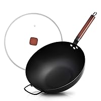 KITEXPERT Carbon Steel Wok Pan With Lid - 13'' Wok & Stir Fry Pans Nonstick with Wooden Handle - No Chemical Coated Chinese Wok with Flat Bottom for Induction, Electric, Gas, Halogen, All Stoves