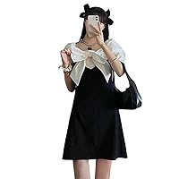 Lolita Gothic Dress Short Skirt Women's Bow Square Neck Dress Women's Summer Retro Stitching Square Neck Waist Slimming (Color : Black, Size : Medium)
