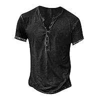 Mens Distressed Henley Shirts Retro Short Sleeve Tee Shirts Casual Button Down Washed Stylish T-Shirts for Men