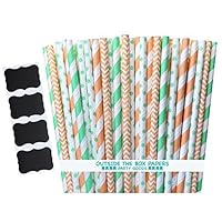 Peach and Mint Green Chevron Polka Dot and Striped Paper Straws 7.75 Inches 100 Pack Peach, Mint Green