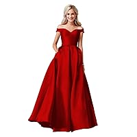 A-line Pleated Satin Prom Dresses Off The Shoulder for Women, Sweetheart Evening Dresses Sleeveless Formal Dress