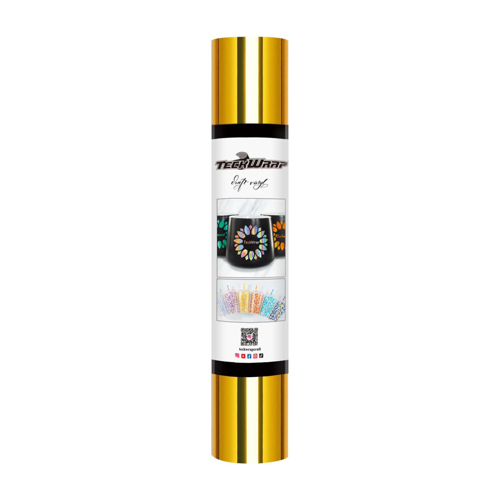 TECKWRAP Chrome Vinyl Bubble Free Metallic Permanent Adhesive Craft Vinyl with Air Channels 1ftx5ft, Gold