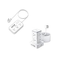 5ft Extension Cord + 10ft Tower Power Strip, NTONPOWER 10-in-1 & 12-in-1 Surge Protector Power Strip, Flat Plug, Wall Mounted, Side Outlet Extender for Home Office, Dorm Room Essentials