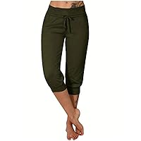 Women's Capri Sweatpants Summer Cropped Jogger Running Pants Lounge Fitted Drawstring Waist Trousers with Pockets