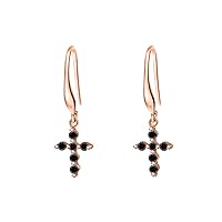 New Simple 14k Gold Over .925 Sterling Silver Cross Charm Black Diamond Hook Dangle Drop Earrings For Women Lady