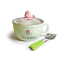 Cutie Design Microwavable Ceramic Noodle Bowl with Handle and Glass Lid With Phone Holder Fine Porcelain Spoon And Fork Included!