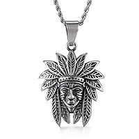 Mens Stainless Steel Native American Indian Biker Chief Pendant Necklace
