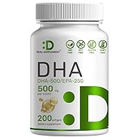 DHA Supplements - DHA 500mg, EPA 250mg, 200 Softgels, Burpless | Omega-3s 1000mg, Support Brain Health - Premium DHA EPA Omega 3 Supplement