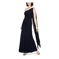 Vince Camuto Womens Navy Stretch Embellished Zippered One-Shoulder Chiffon Gown Sleeveless Asymmetrical Neckline Maxi Formal Dress Petites 8P