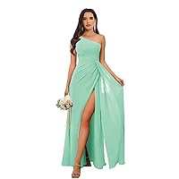 VCCICANY Long Chiffon One Shoulder Bridesmaid Dresses 2024 Ruched Corset Formal Dresses with Slit Mint Green Size 8