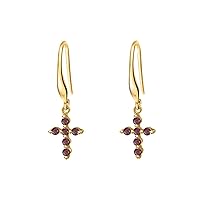 New Simple 14k Gold Over .925 Sterling Silver Cross Charm Red Garnet Hook Dangle Drop Earrings For Women Lady