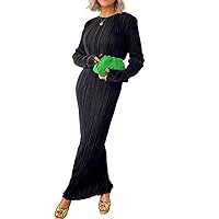 Dress for Women 2022 Autumn Winter Green Maxi Bodycon Dress Sexy Women Pleated Black Fashion Long Sleeve Casual Dresses Party (Color : Black, Size : Medium)